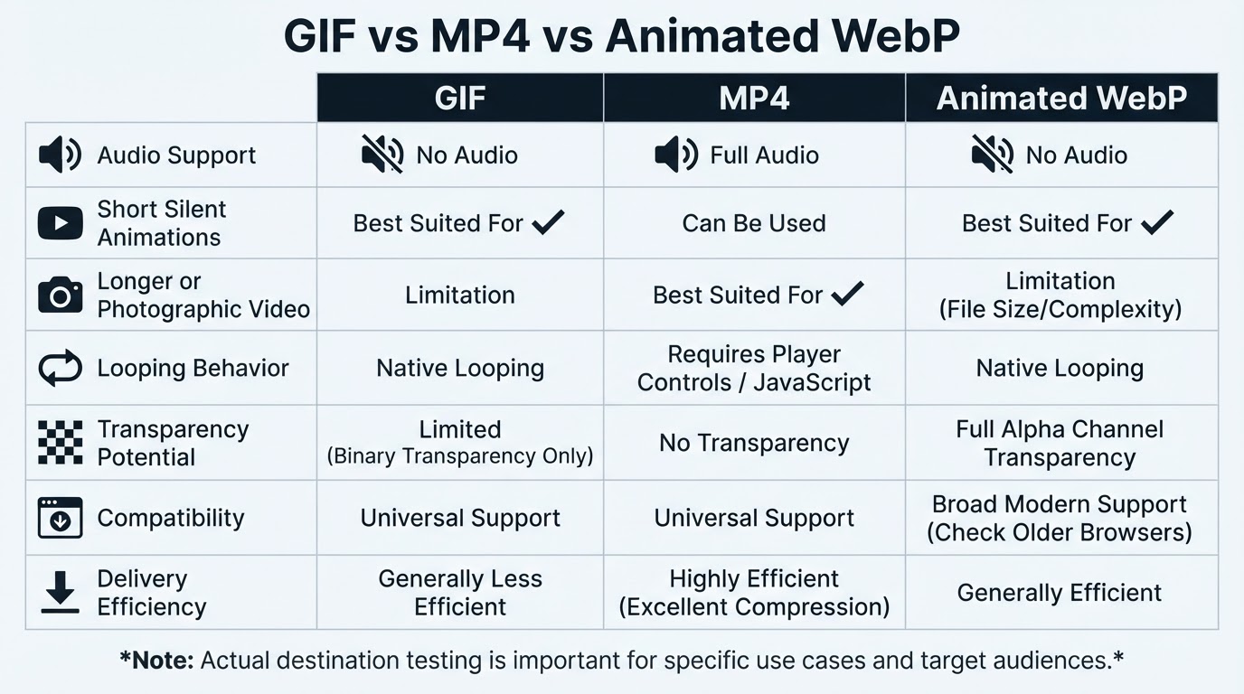 Comparison chart showing when GIF, MP4, and animated WebP are suitable for different video and animation needs.