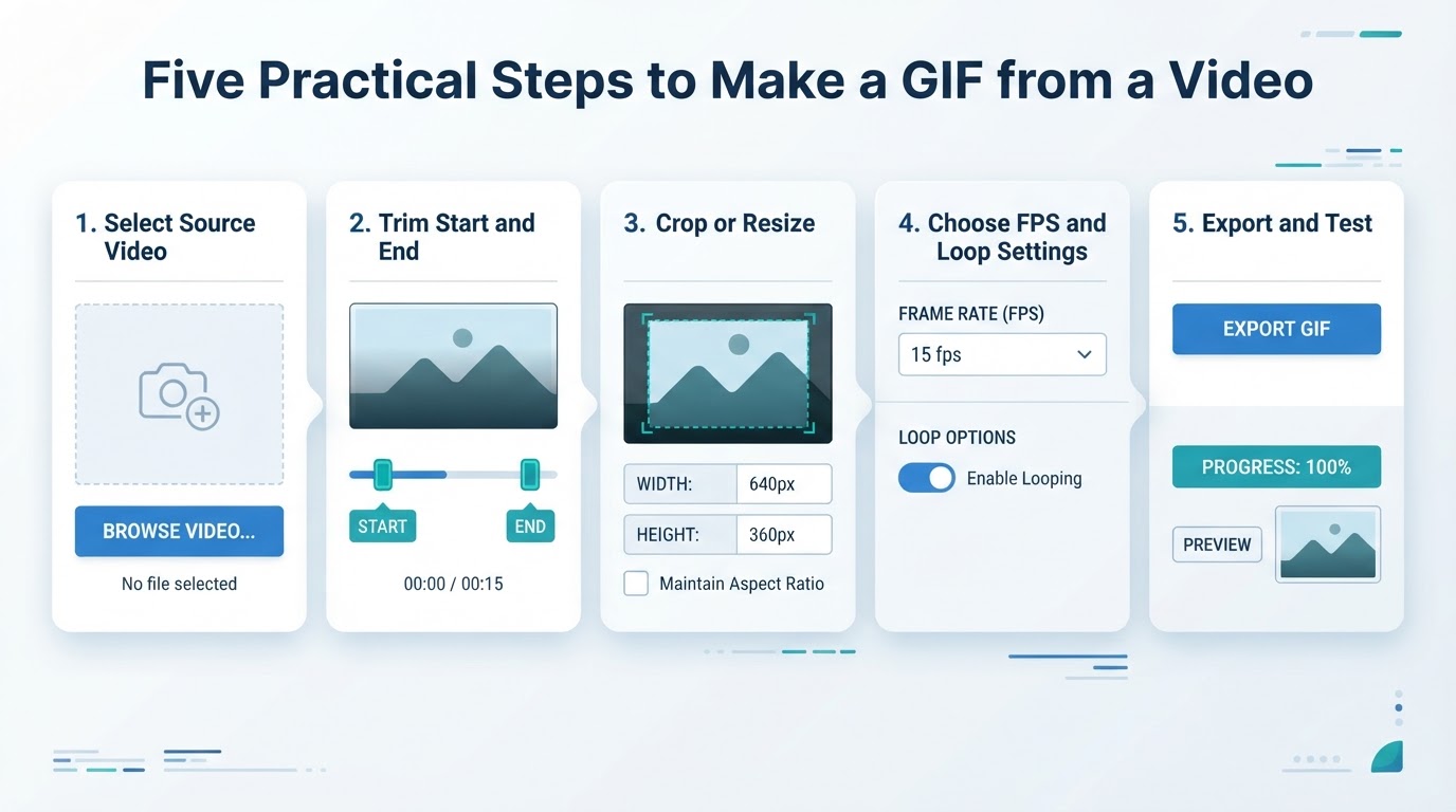 Five-panel visual guide showing how to select, trim, resize, configure, and export a video as a GIF.