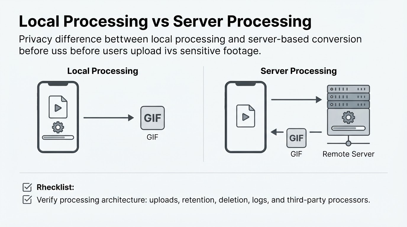 Side-by-side diagram comparing local video-to-GIF processing with uploading a video to a remote server.