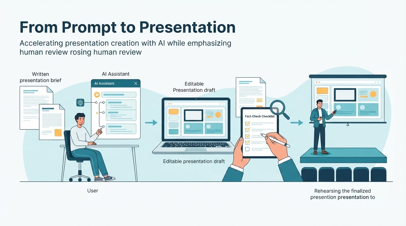 Illustration showing a workflow from a presentation prompt and source document to an AI draft, human fact-checking, and final rehearsal.