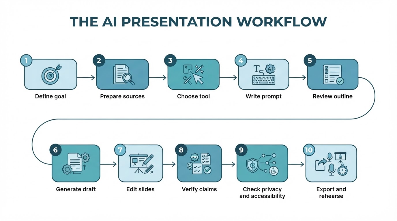 Ten-step diagram showing the process of defining a presentation goal, preparing sources, prompting AI, reviewing and editing slides, checking claims and accessibility, exporting, and rehearsing.