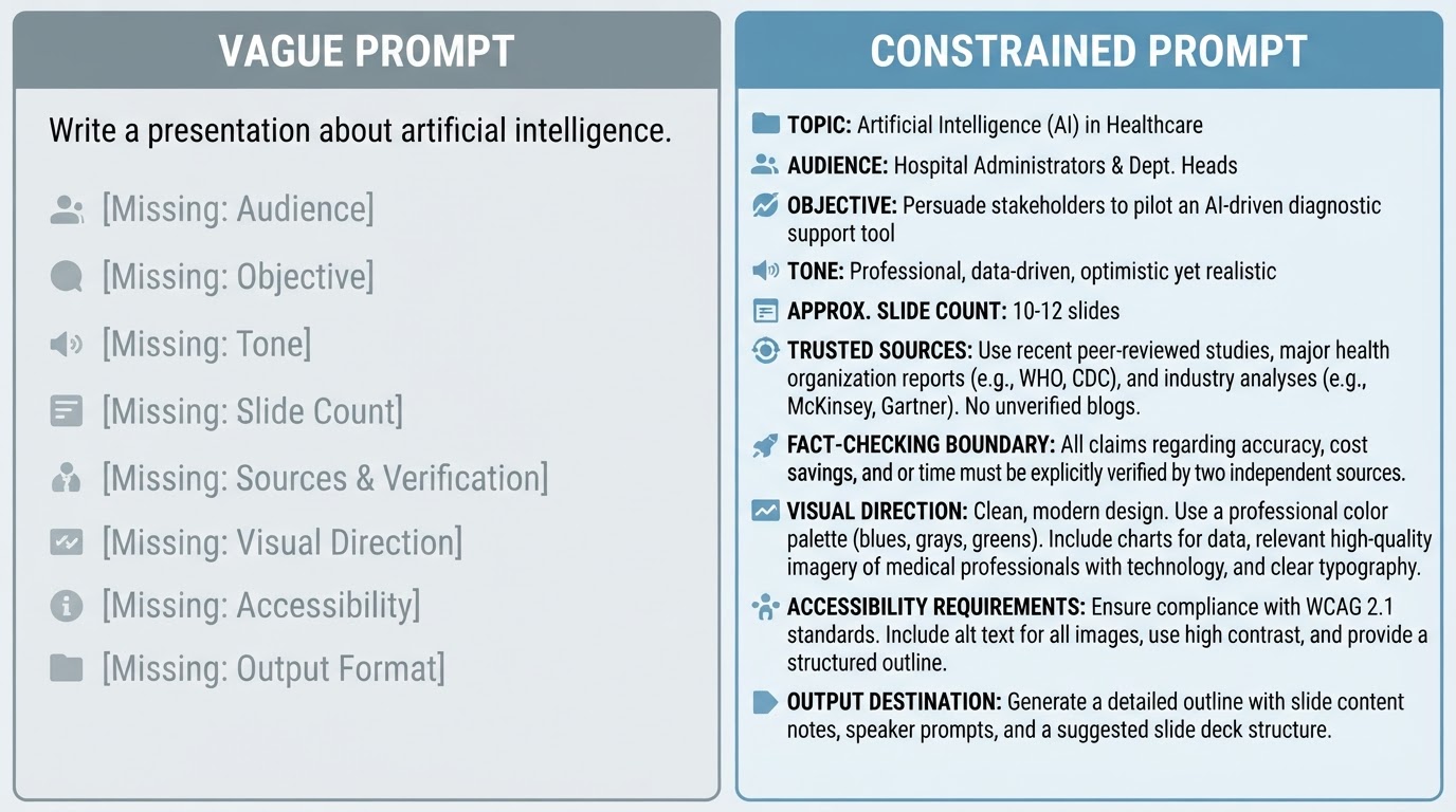 Comparison showing that a vague topic request provides little context, while a constrained prompt specifies the audience, objective, sources, design requirements, and output format.