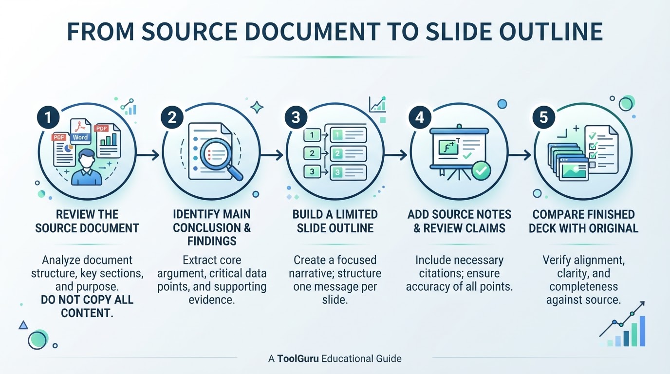Five-step diagram showing how to review a source document, extract its findings, create a focused slide outline, verify claims, and compare the final deck with the original.