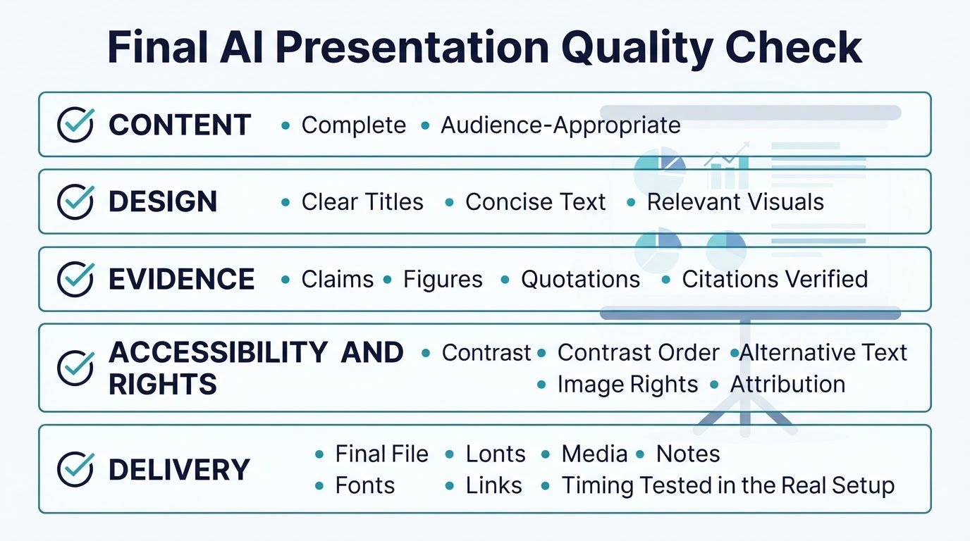 Final presentation checklist covering content, design, evidence, accessibility and image rights, file compatibility, and rehearsal.