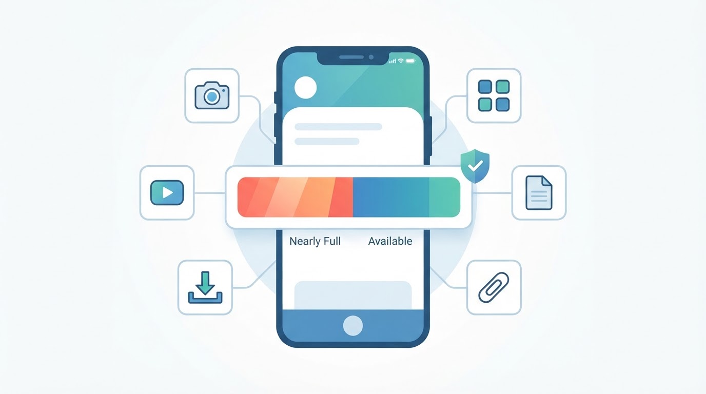 Generic smartphone showing storage being safely freed after reviewing photos, videos, downloads, apps, and attachments