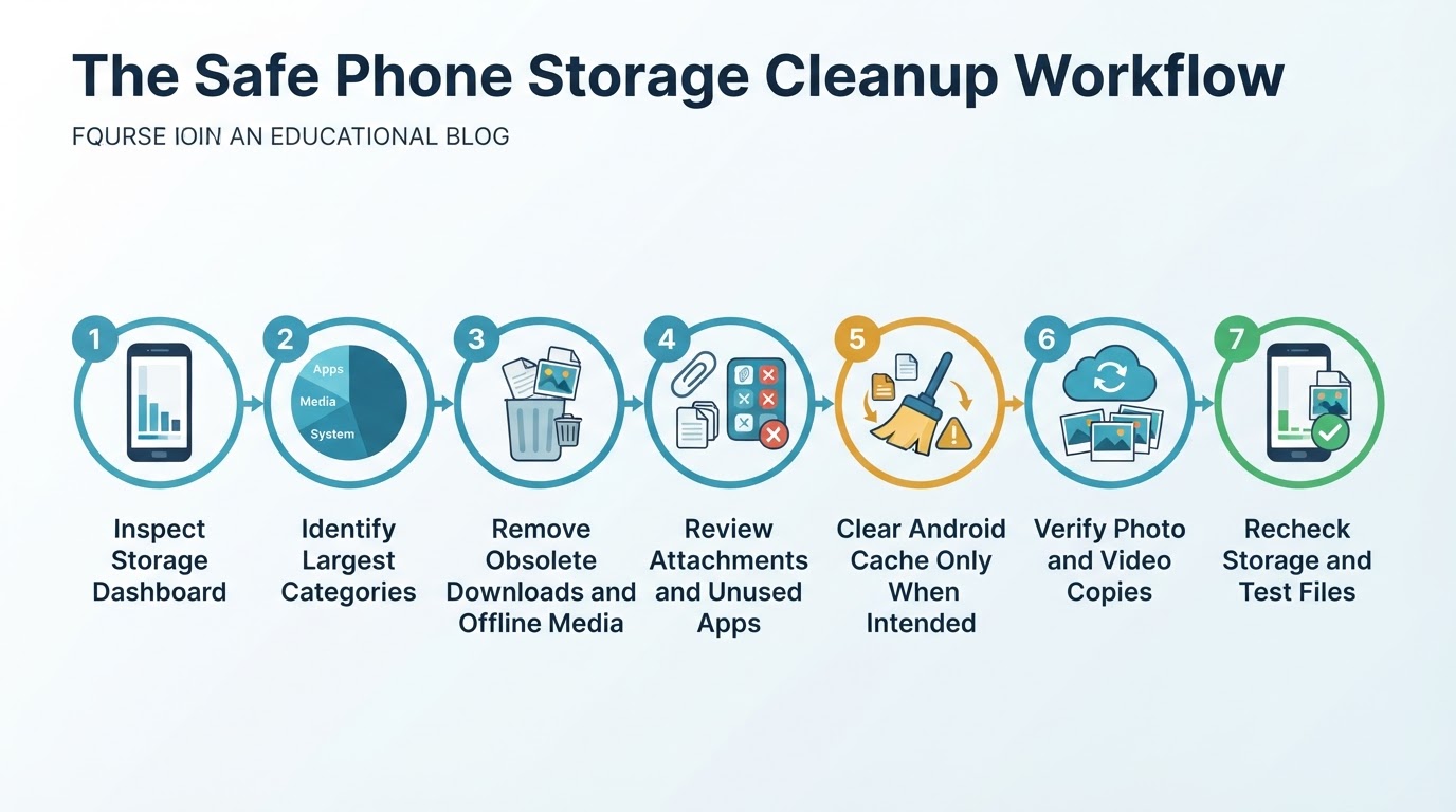 Seven-step workflow for safely freeing phone storage by inspecting, removing low-risk files, verifying backups, and rechecking