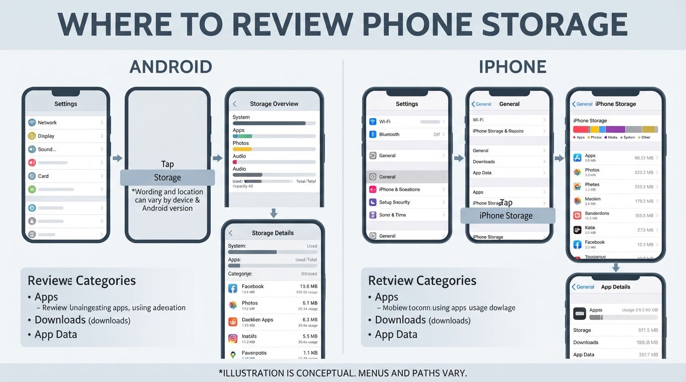 Conceptual comparison of Android and iPhone paths for reviewing storage usage