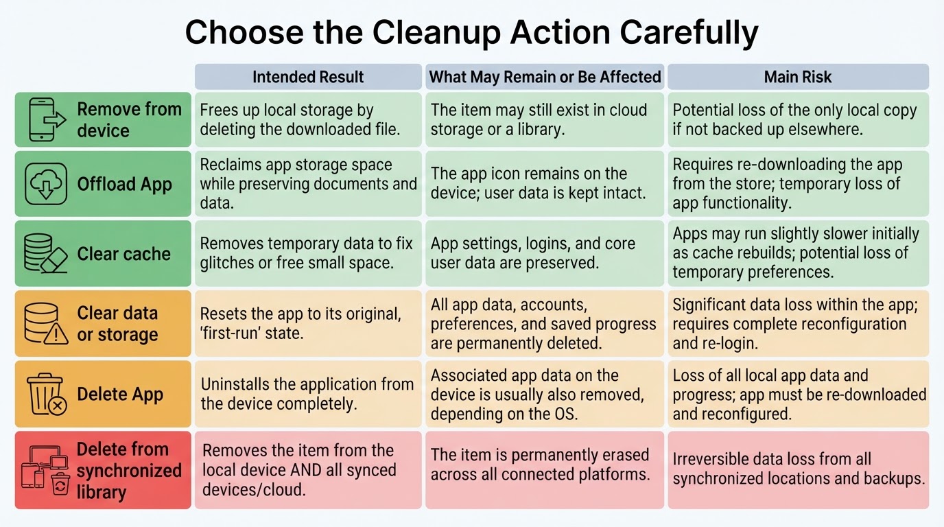 Comparison of phone cleanup actions including offloading, clearing cache, clearing data, deleting apps, and synchronized deletion