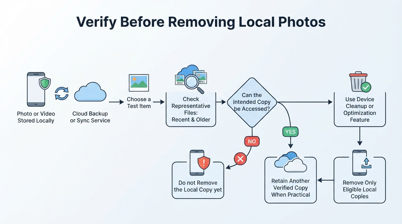 Verification flow for checking photo and video copies before removing local files