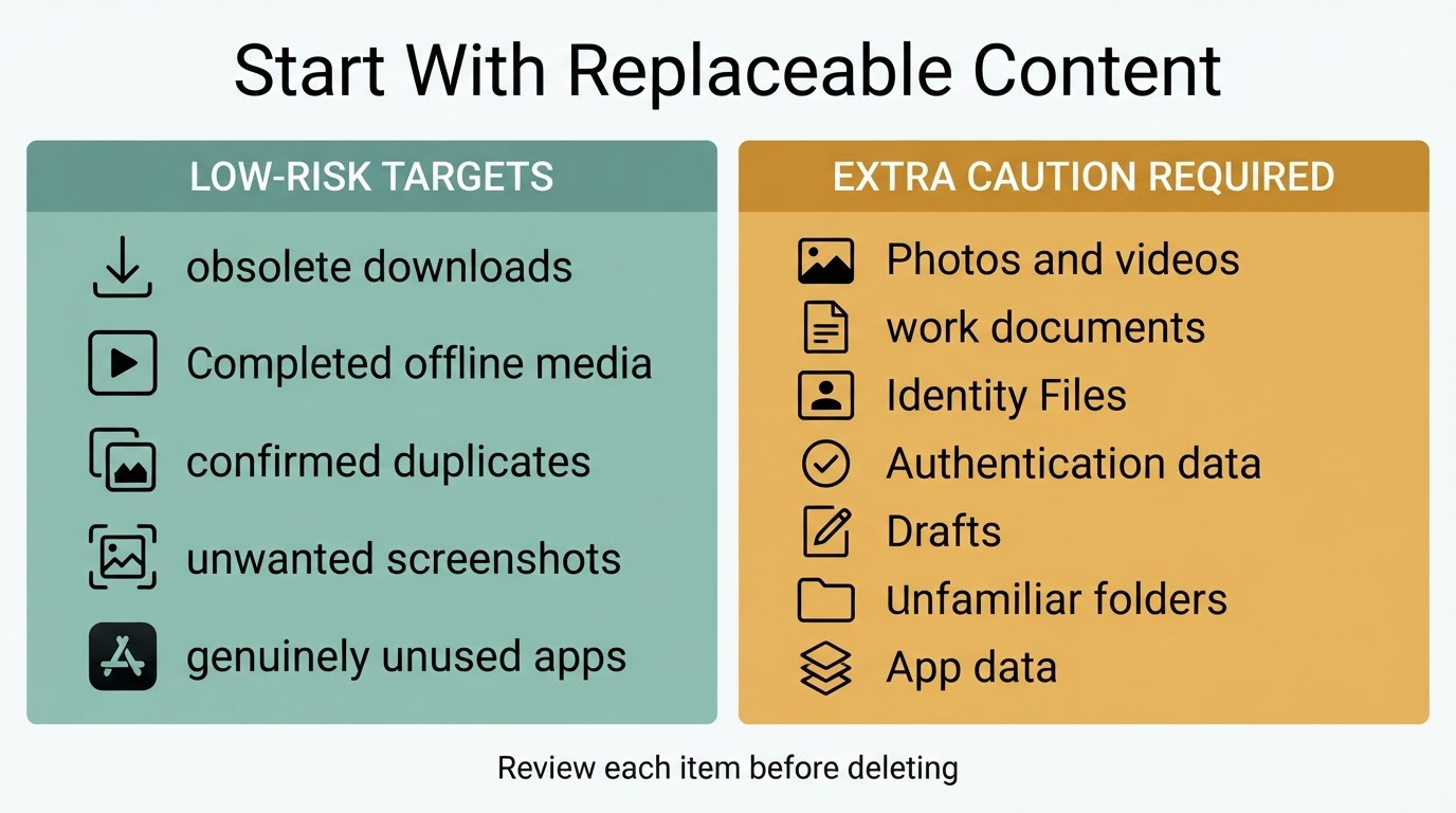 Phone storage cleanup targets that are generally easier to review compared with files requiring extra caution