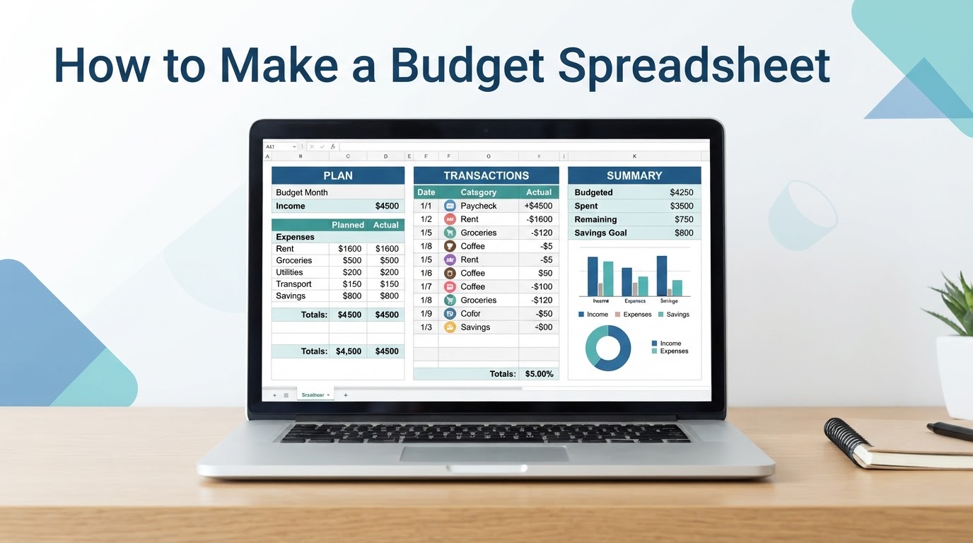 Laptop displaying a simple budget spreadsheet divided into Plan, Transactions, and Summary sections
