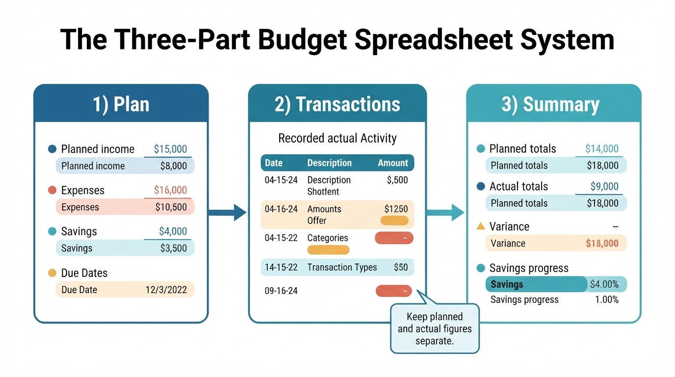 Diagram showing Plan and Transactions feeding into a Summary for planned-versus-actual budget tracking