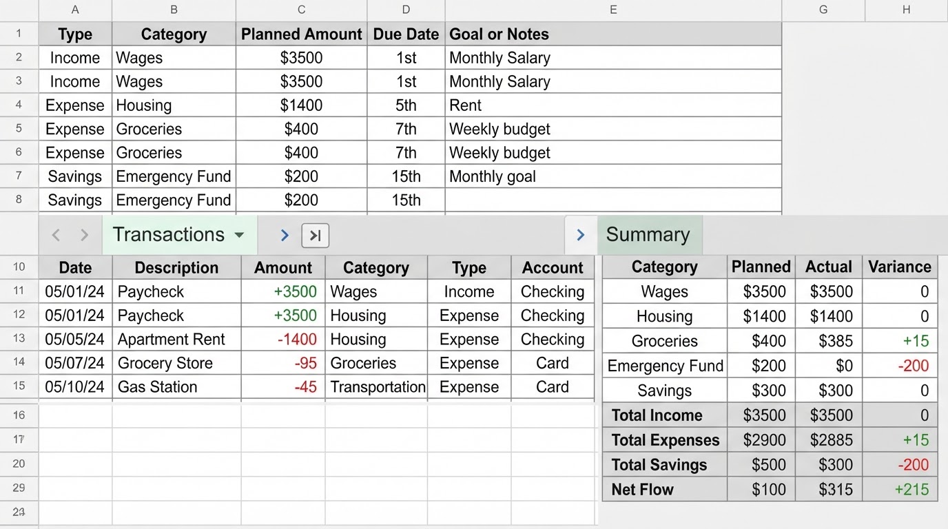 Generic workbook layout showing separate Plan, Transactions, and Summary spreadsheet tables