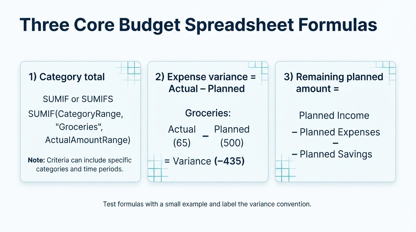 Educational graphic showing category totals, expense variance, and remaining planned amount formulas