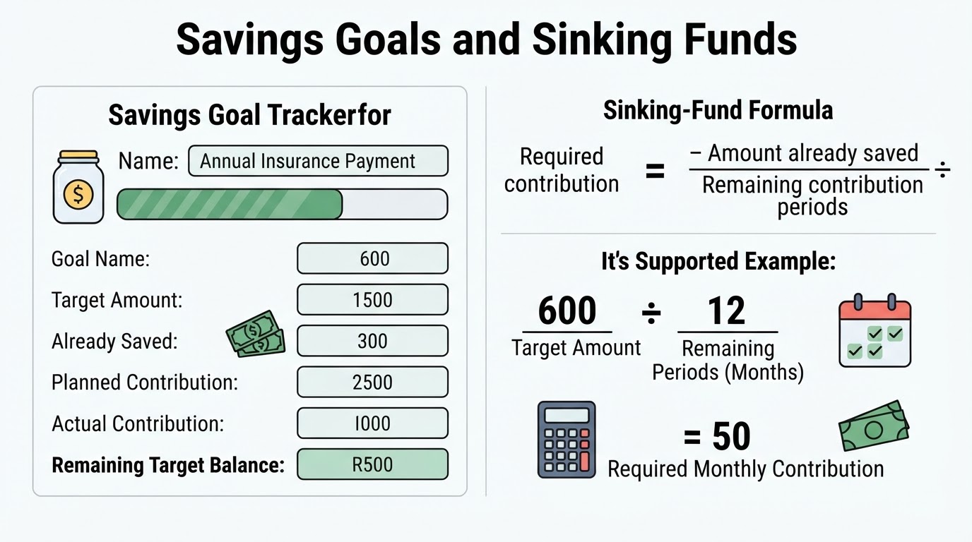 Savings goal tracker and sinking-fund formula showing a 600 target divided into 12 monthly contributions of 50