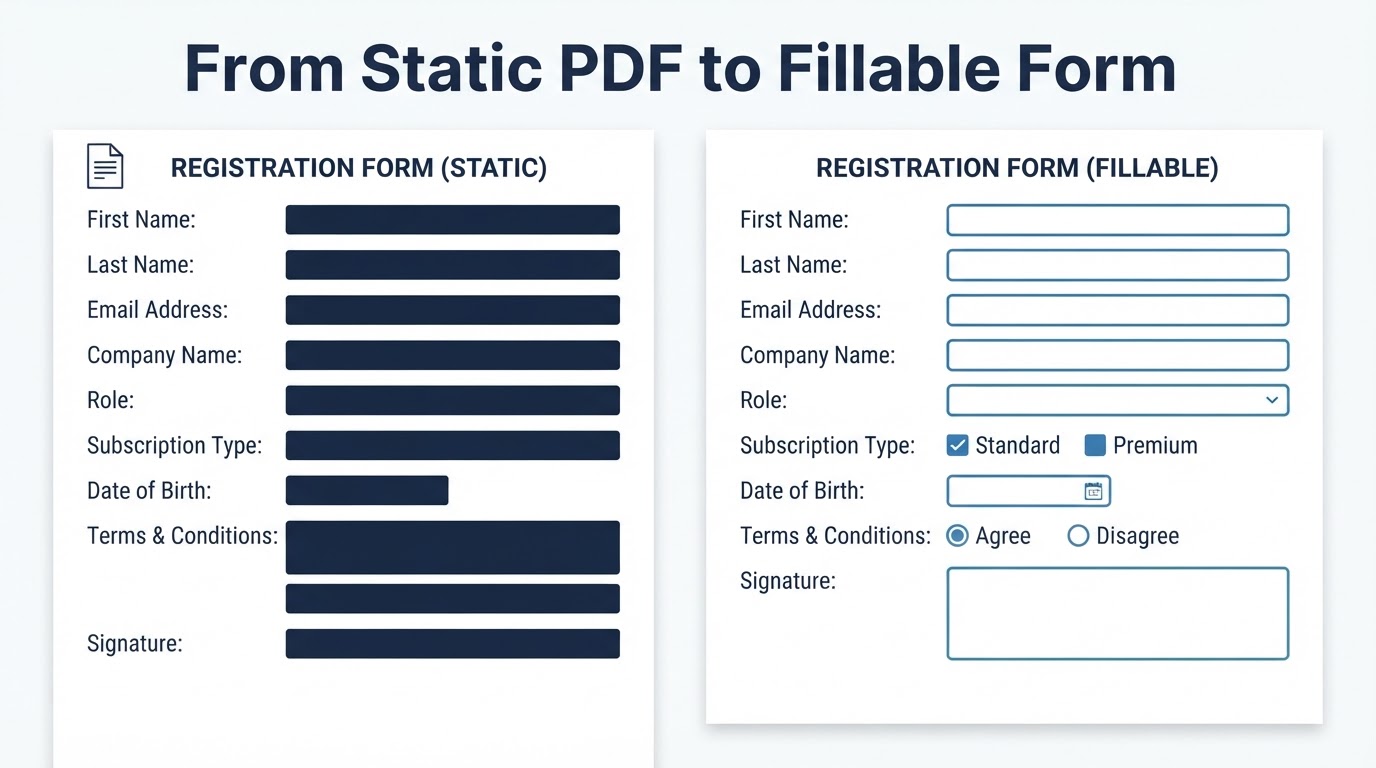 Illustration showing a static PDF transformed into a fillable form with text fields, checkboxes, dropdown, date, and signature fields.