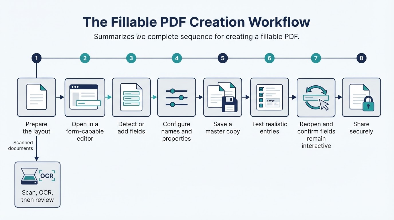 Workflow diagram showing how to prepare, add, configure, test, and securely share a fillable PDF, with an OCR branch for scanned documents.
