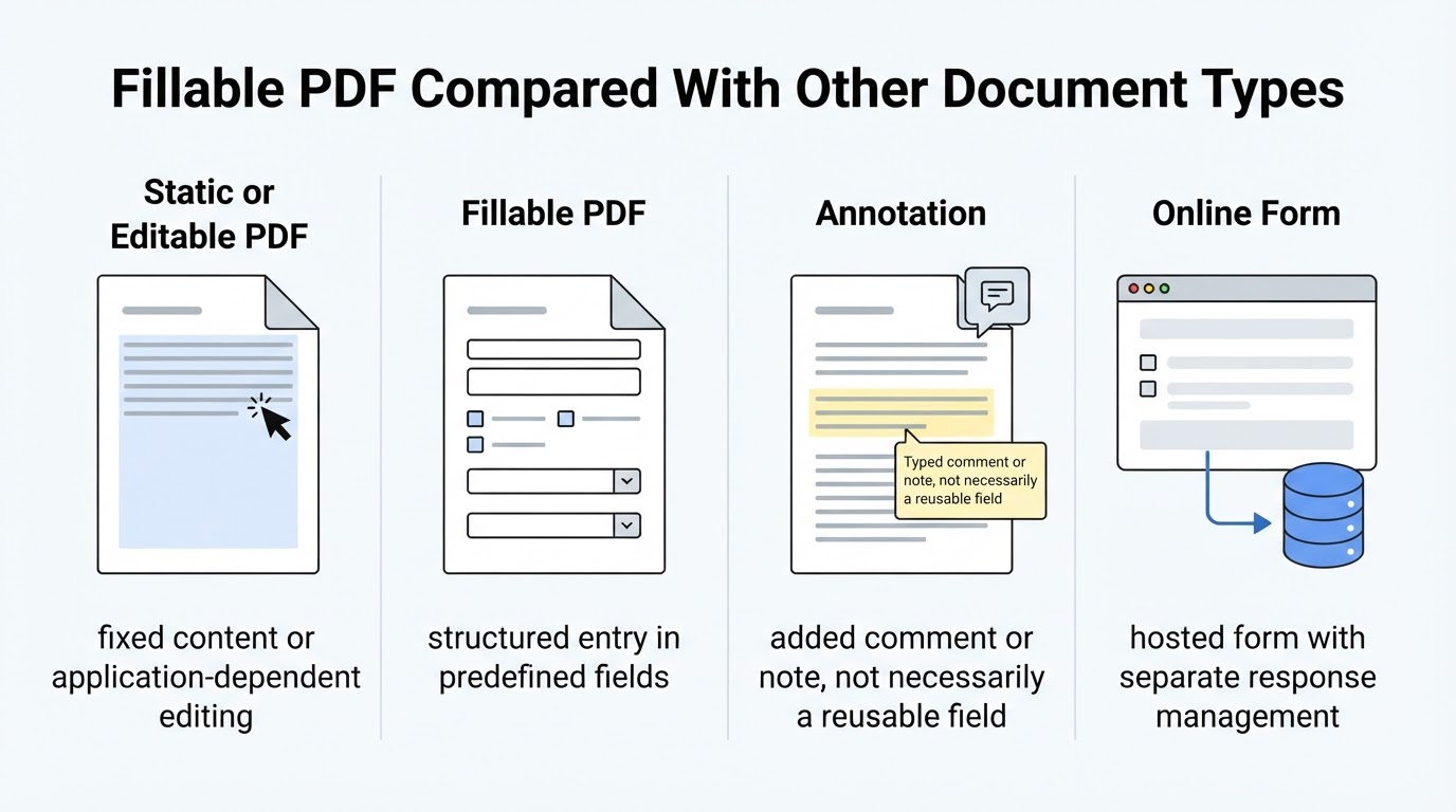 Comparison graphic distinguishing a fillable PDF from an editable PDF, an annotation, and an online form.