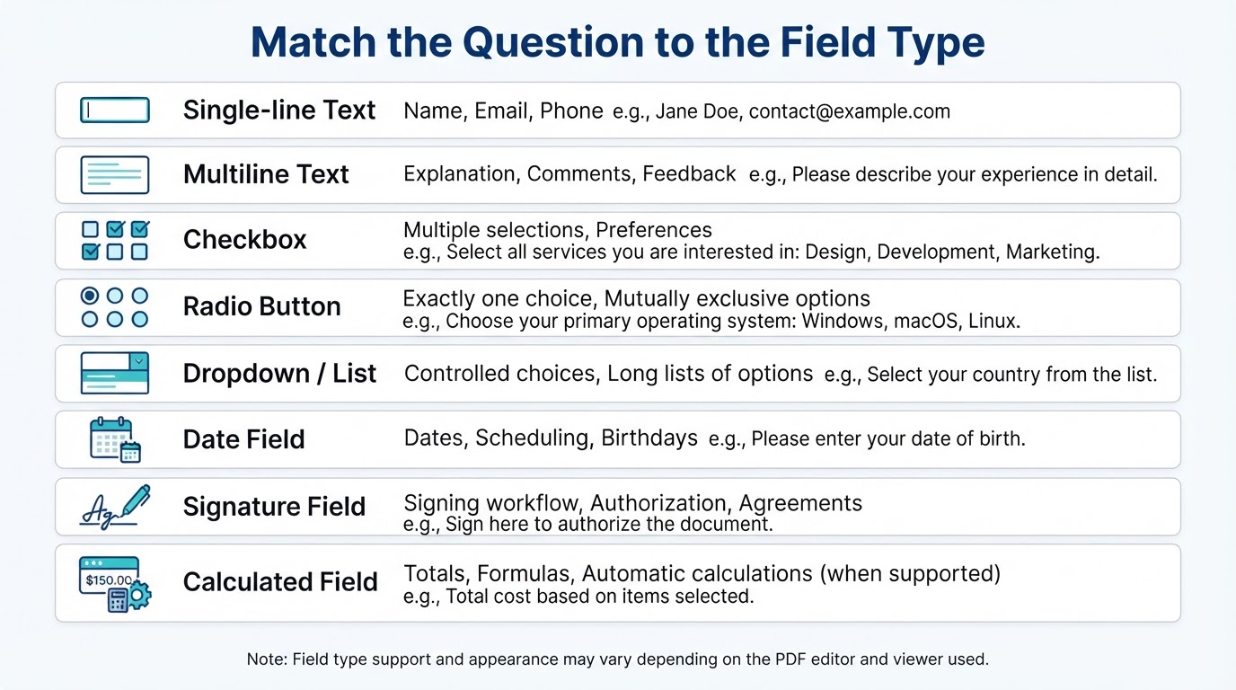 Chart matching common PDF form field types with suitable uses, including text, multiline, checkbox, radio button, dropdown, date, signature, and calculated fields.