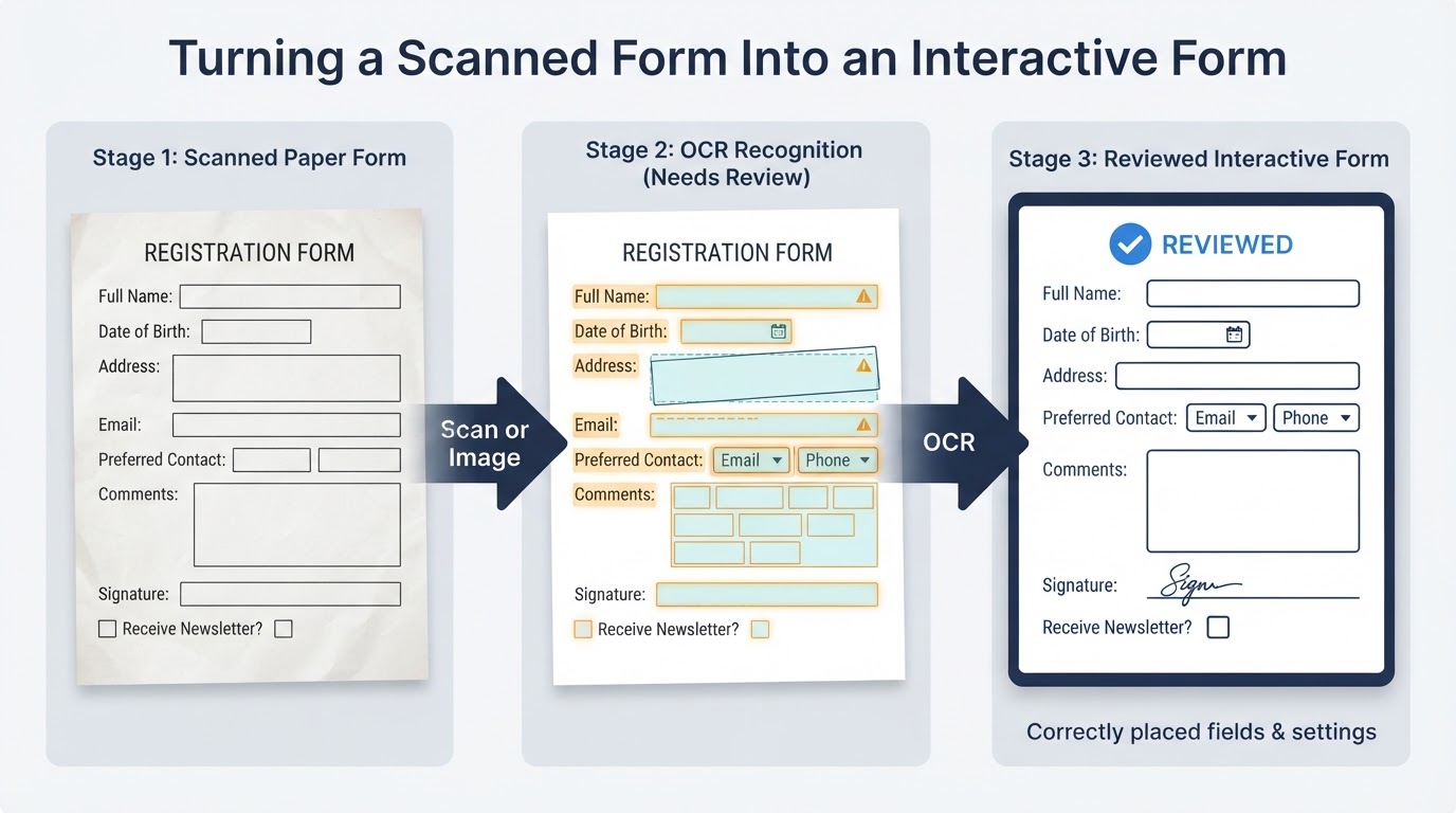 Three-step illustration showing a scanned form, OCR recognition, and manual review of correctly placed interactive PDF fields.