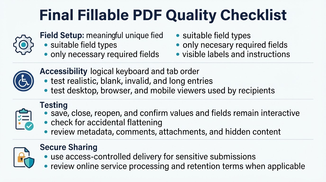 Final checklist for reviewing fillable PDF fields, accessibility, viewer compatibility, interactive status, and secure sharing.