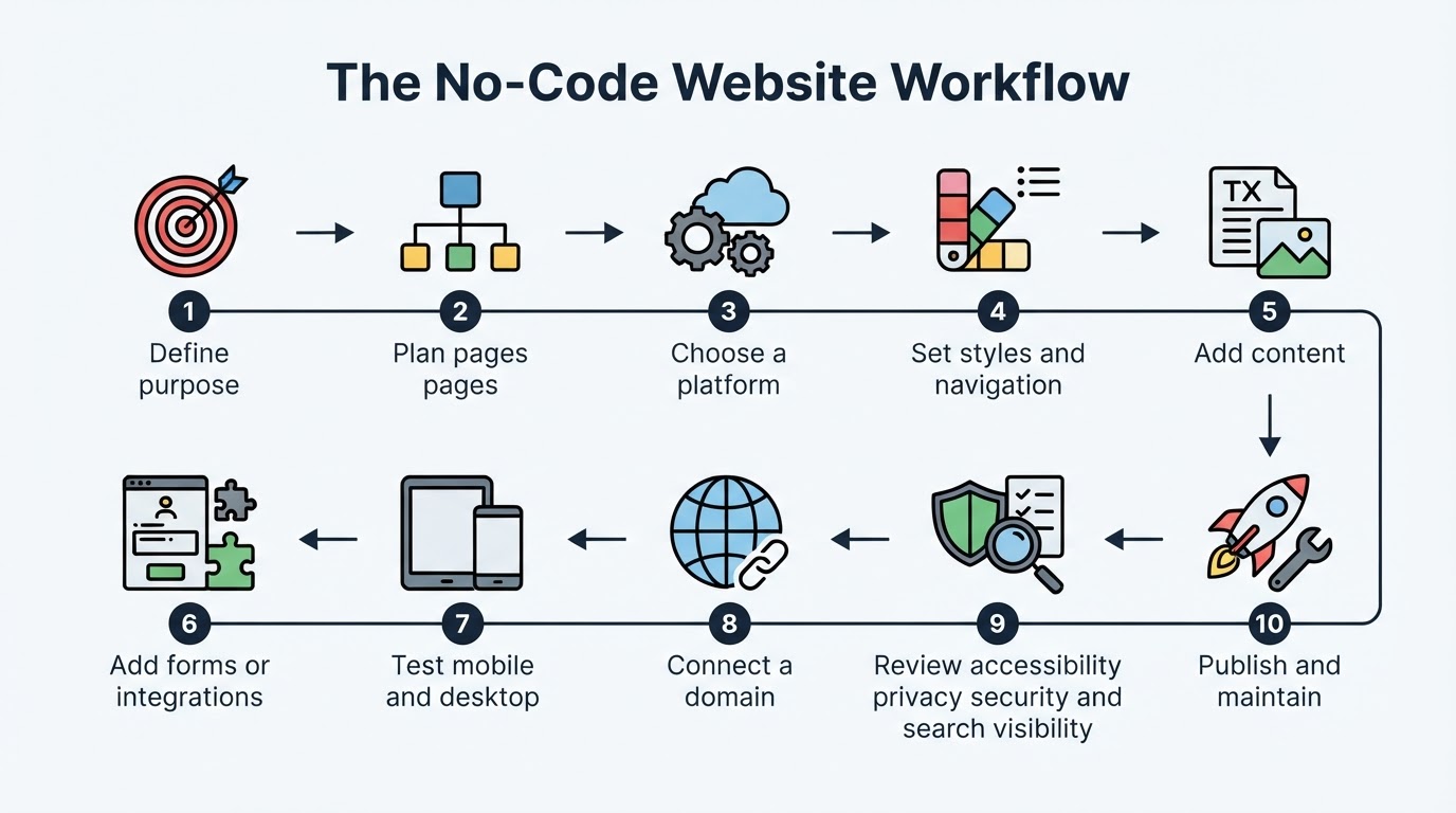 Diagram showing the ten-step workflow for creating, launching, and maintaining a no-code website