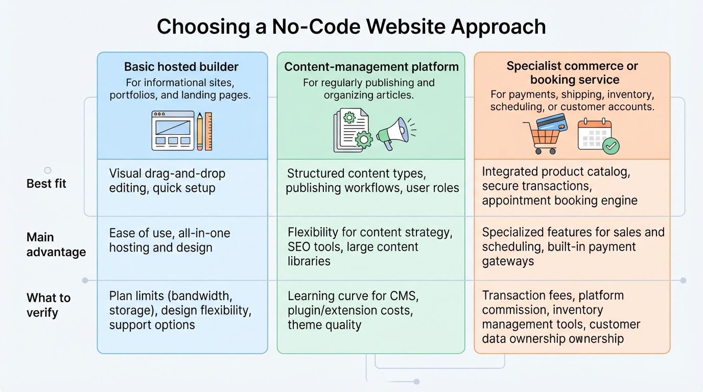 Comparison of hosted builders, content-management platforms, and specialist commerce or booking services