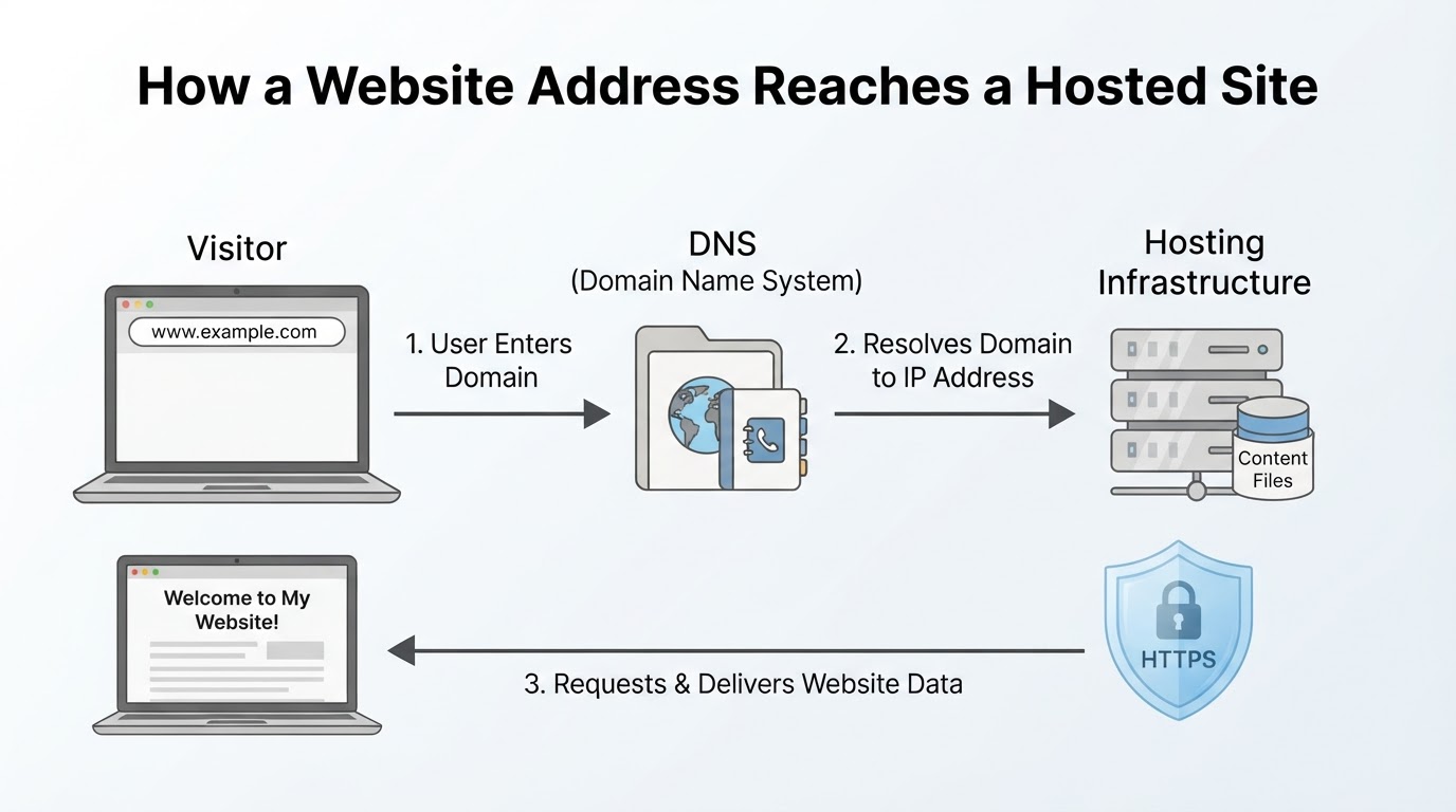 Diagram showing a domain connected through DNS to hosting, with HTTPS protecting data in transit