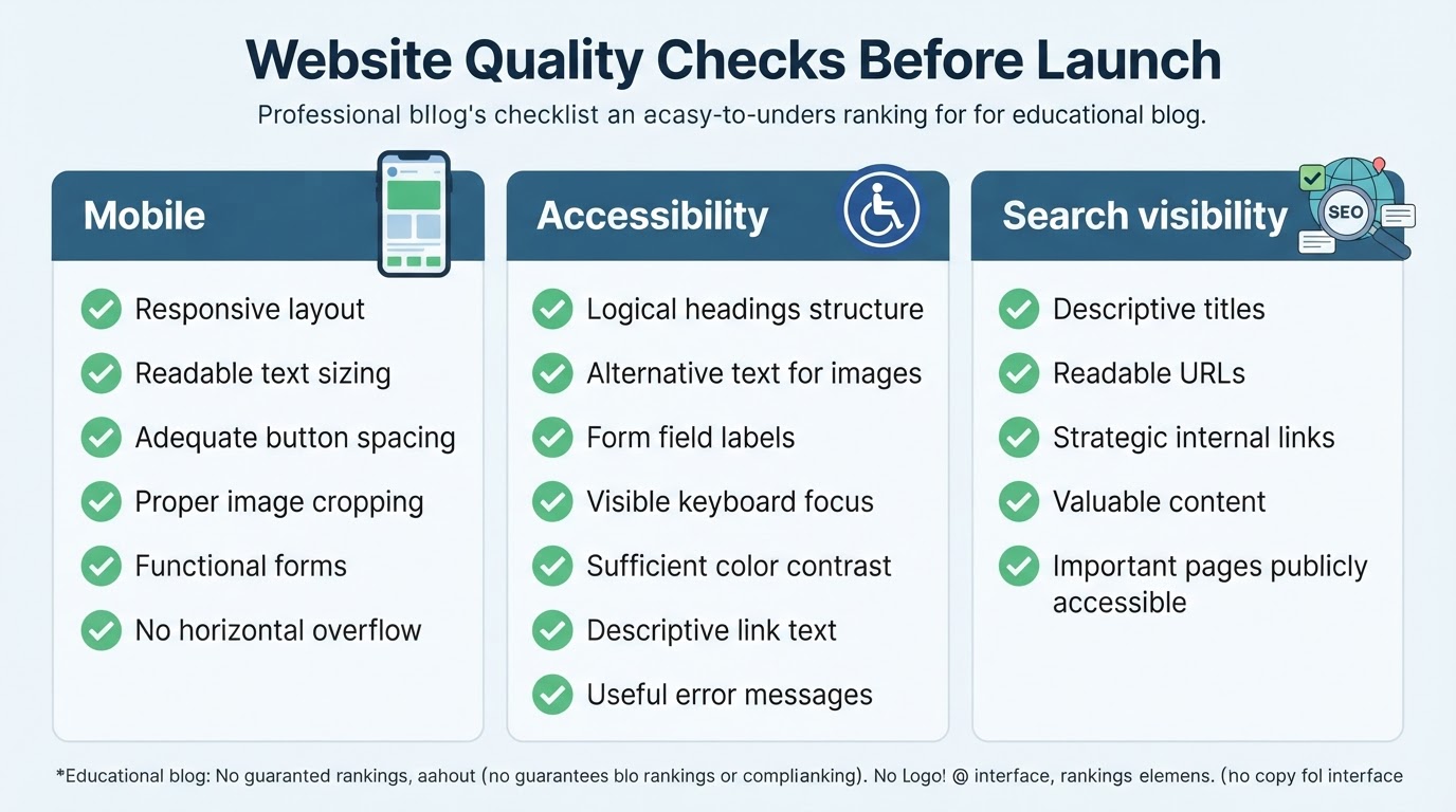 Checklist covering mobile usability, accessibility basics, and search visibility checks