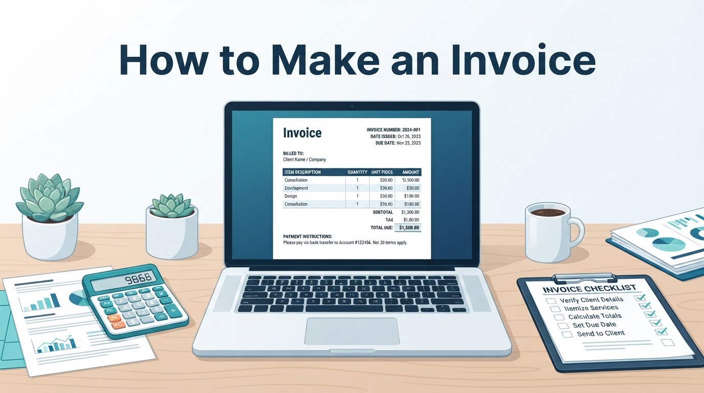 Laptop displaying a generic invoice beside a calculator and billing checklist