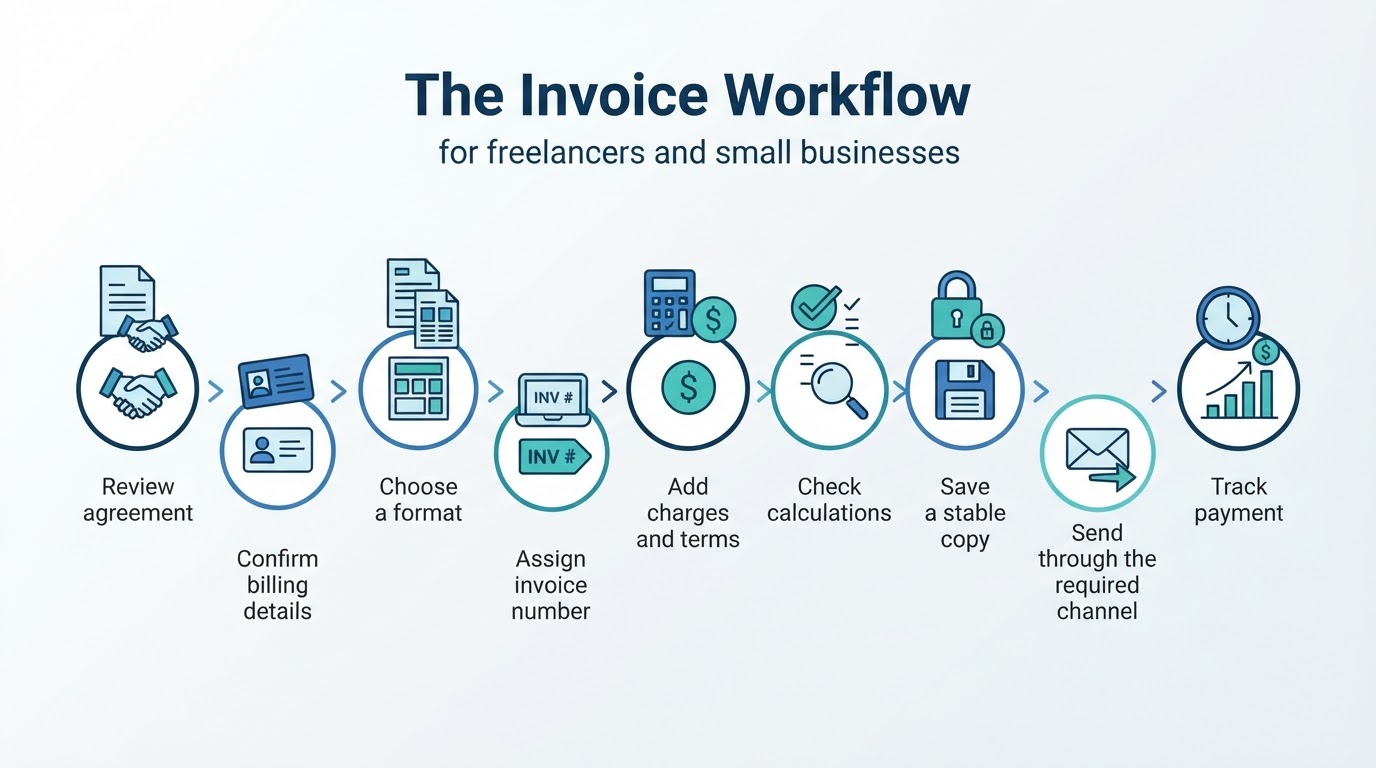 Nine-step diagram showing the process from reviewing an agreement to tracking invoice payment