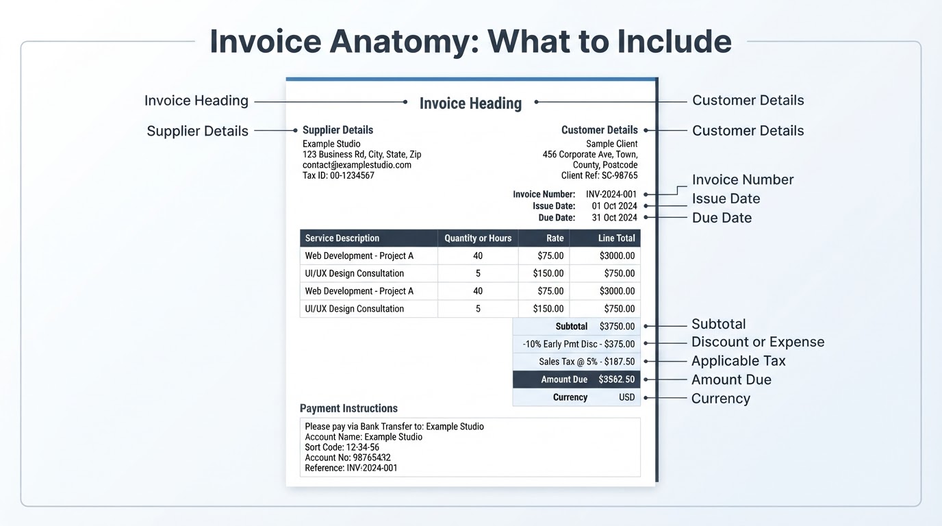 Annotated sample invoice highlighting supplier details, dates, line items, totals, and payment instructions