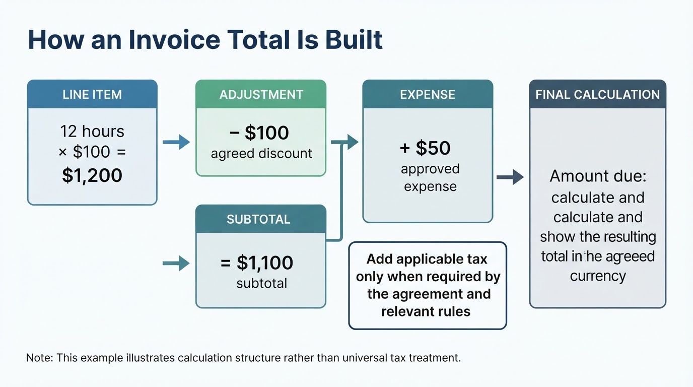 Invoice calculation flow showing hours times rate, discount, expense, and conditional tax