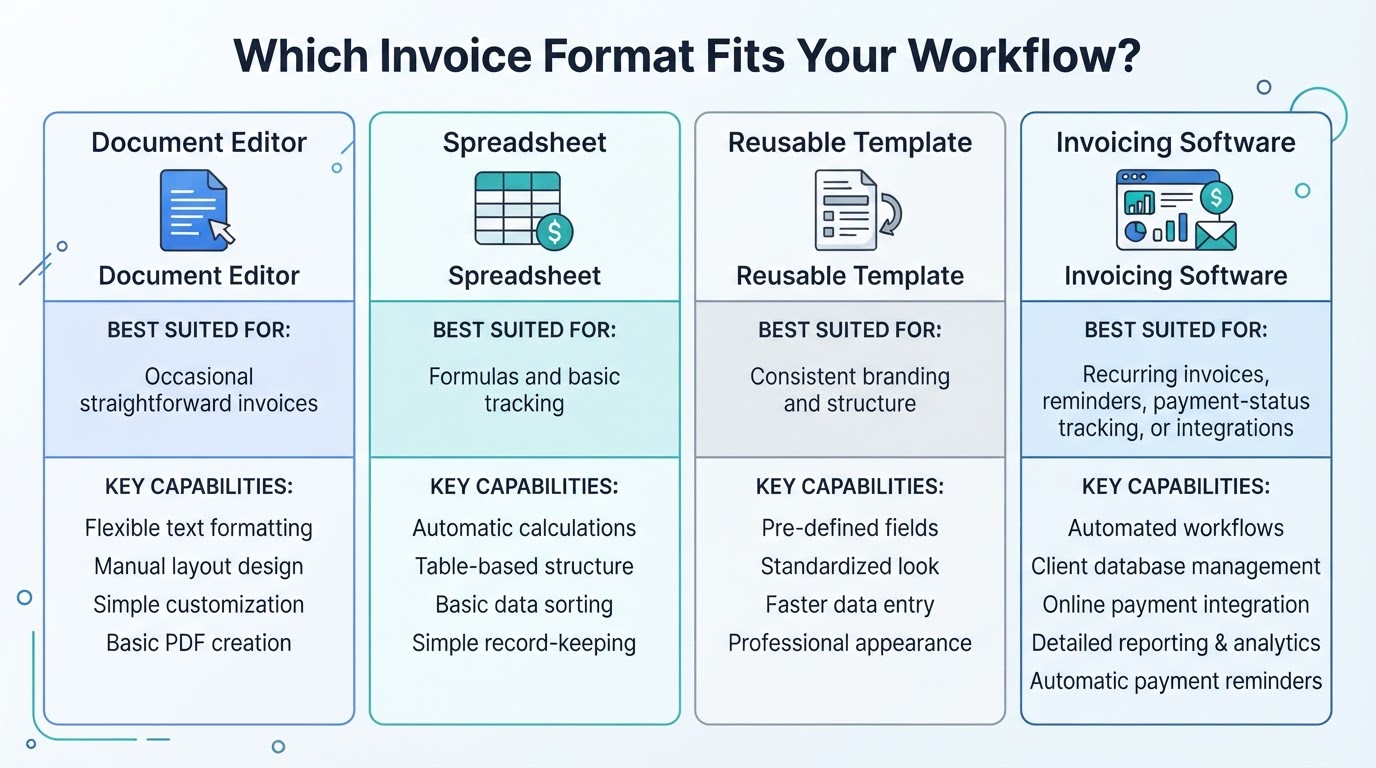 Comparison of document editors, spreadsheets, templates, and invoicing software for different billing needs