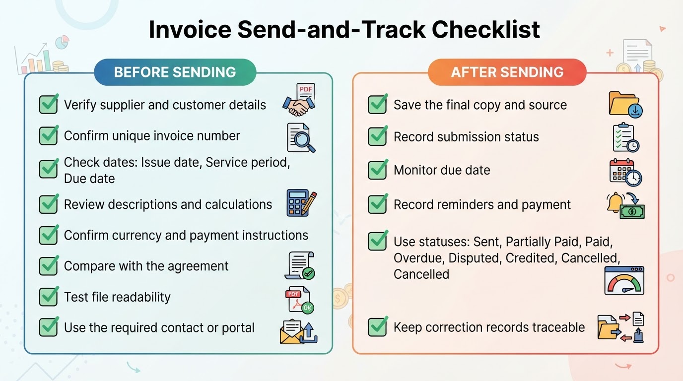 Checklist for reviewing and sending an invoice, then tracking payment status and corrections