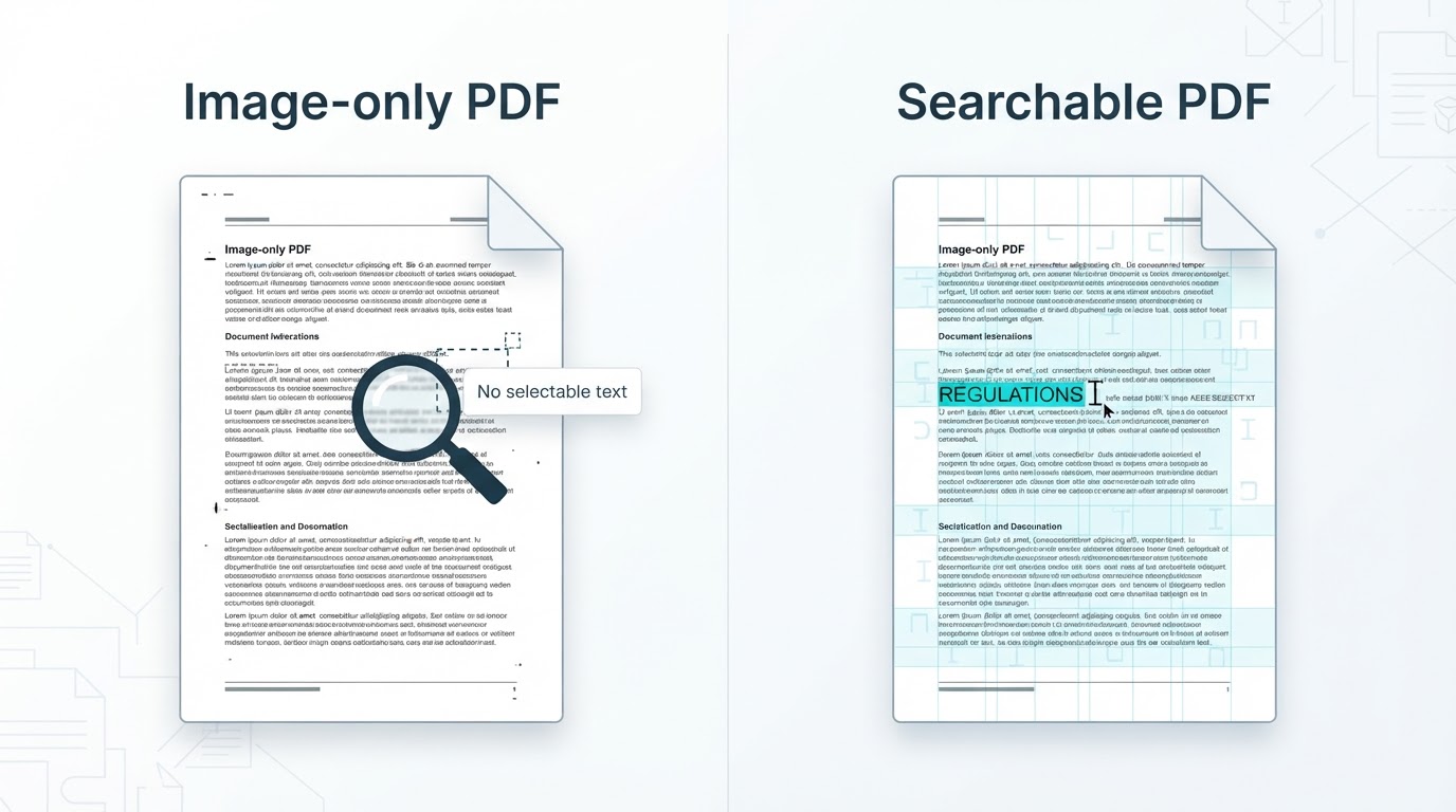 Comparison showing an image-only scanned PDF transformed into a searchable and selectable PDF with OCR