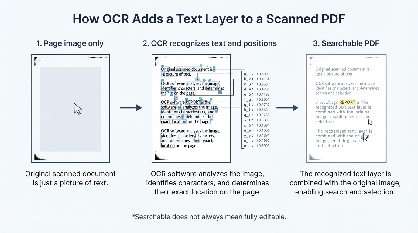 Diagram showing OCR recognizing text from a page image and adding an aligned text layer to create a searchable PDF