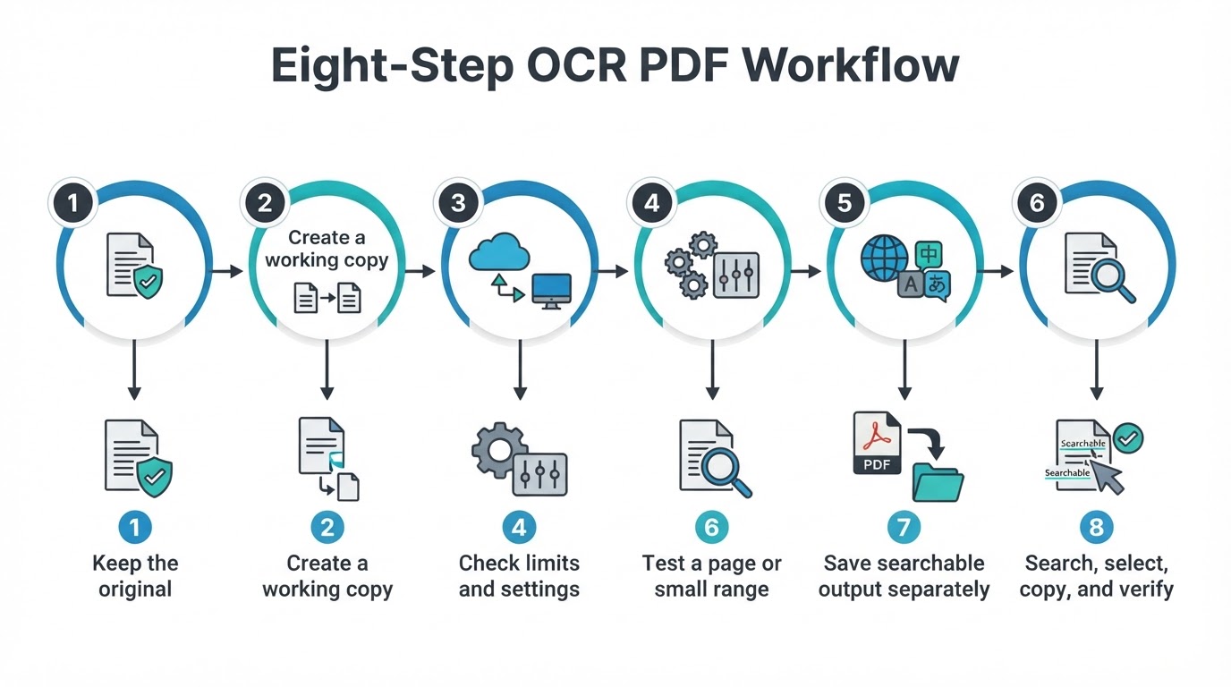 Eight-step workflow for creating and verifying a searchable PDF with OCR