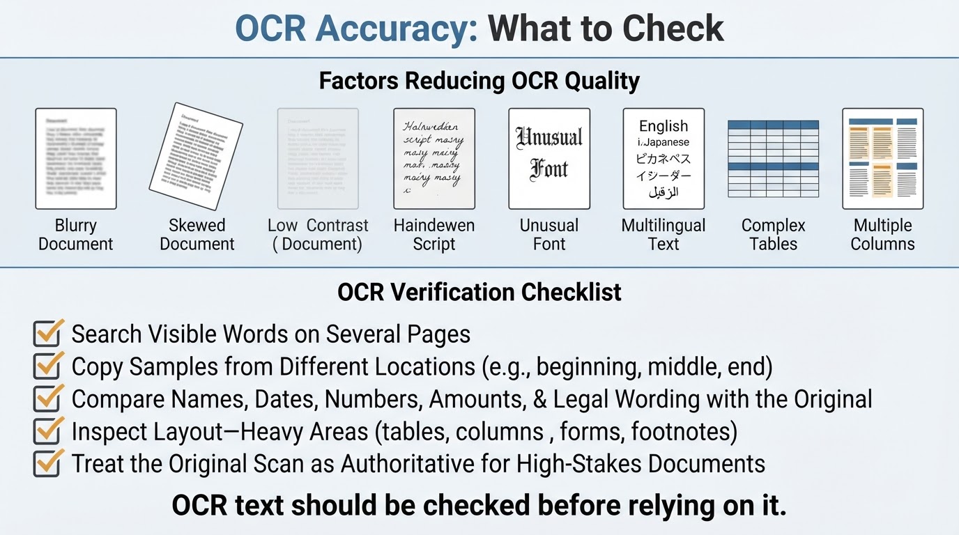 OCR accuracy infographic showing common error factors and steps for verifying recognized text