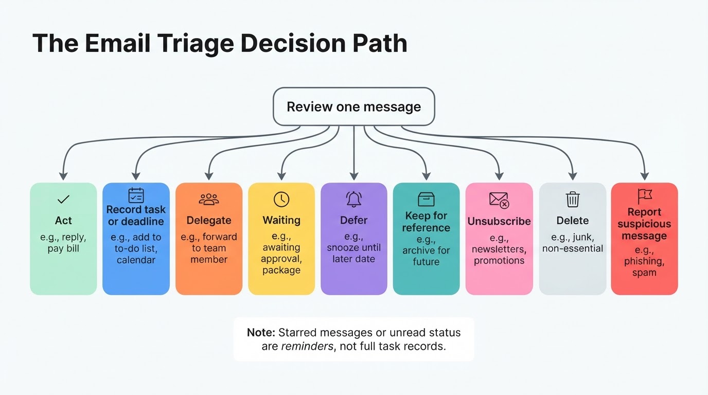 Flowchart showing email decisions including act, record a task, delegate, defer, keep for reference, unsubscribe, delete, or report.