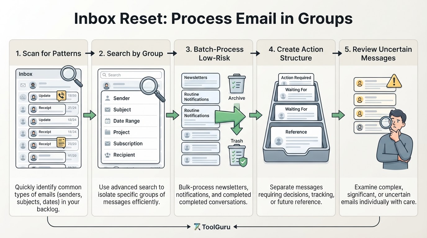 Five-step inbox reset process using pattern scanning, search, batch processing, action categories, and careful review.