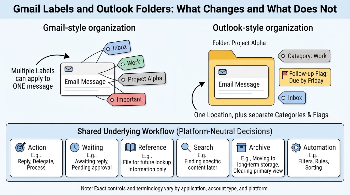 Comparison showing Gmail-style labels can overlap, while Outlook commonly uses folders with categories and flags, supported by the same underlying email workflow.