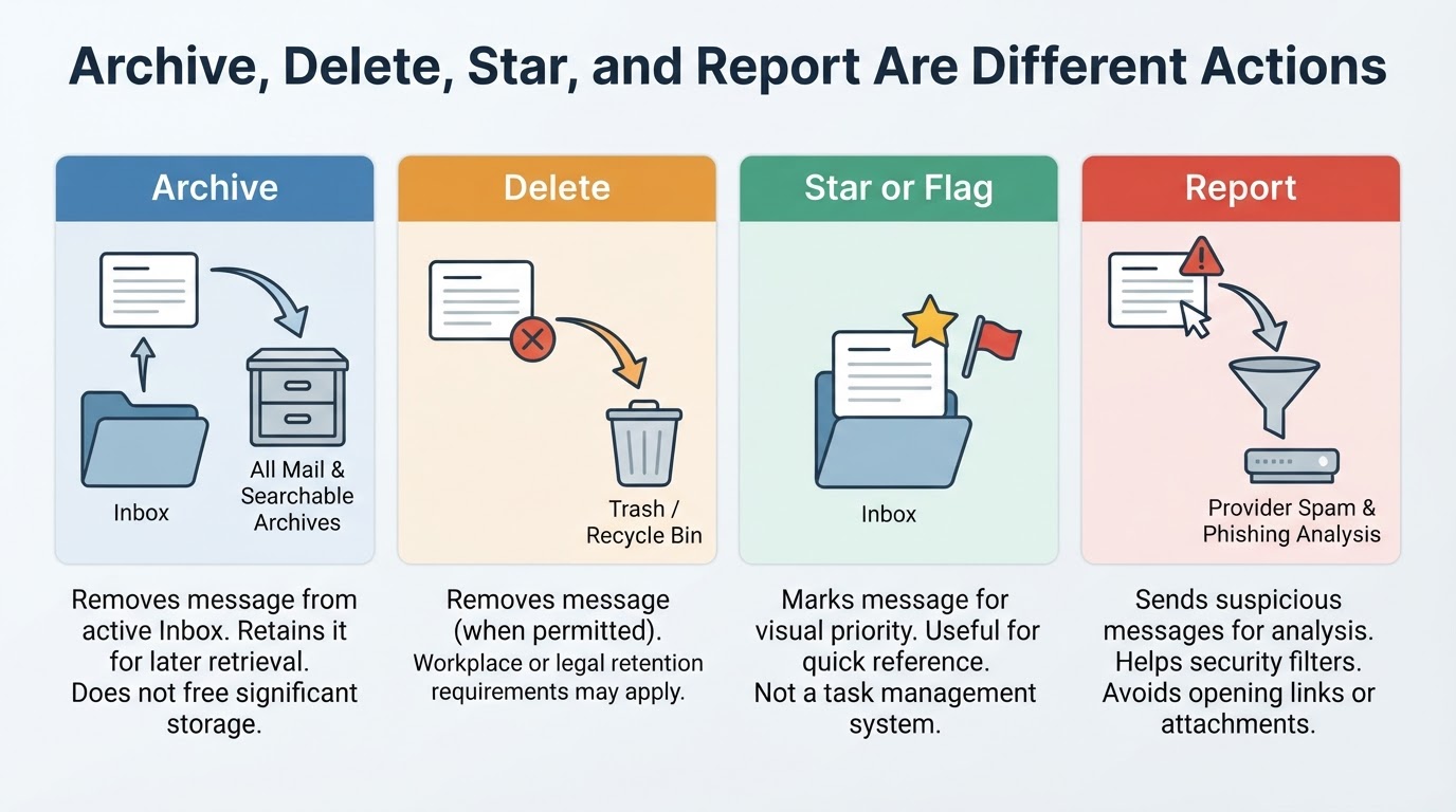 Four-panel graphic explaining the different purposes of archiving, deleting, starring or flagging, and reporting email.