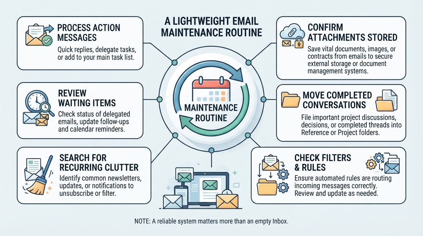 Email maintenance checklist covering action items, waiting items, recurring clutter, rules, completed conversations, and important attachments.