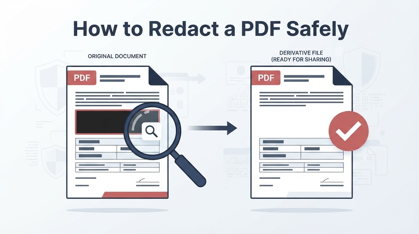 Illustration of a PDF being redacted, reviewed, and exported as a separate derivative file