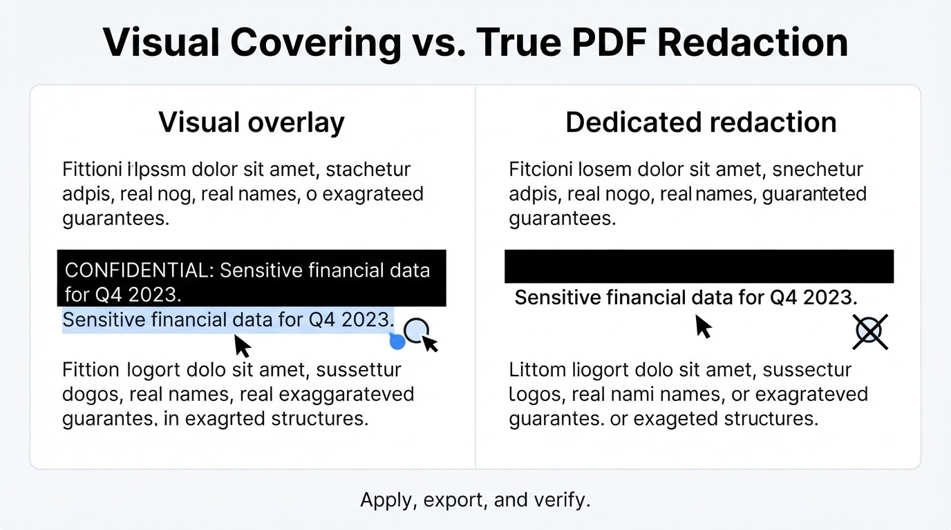 Comparison showing that a visual black box may leave PDF text underneath while dedicated redaction removes selected content from the derivative