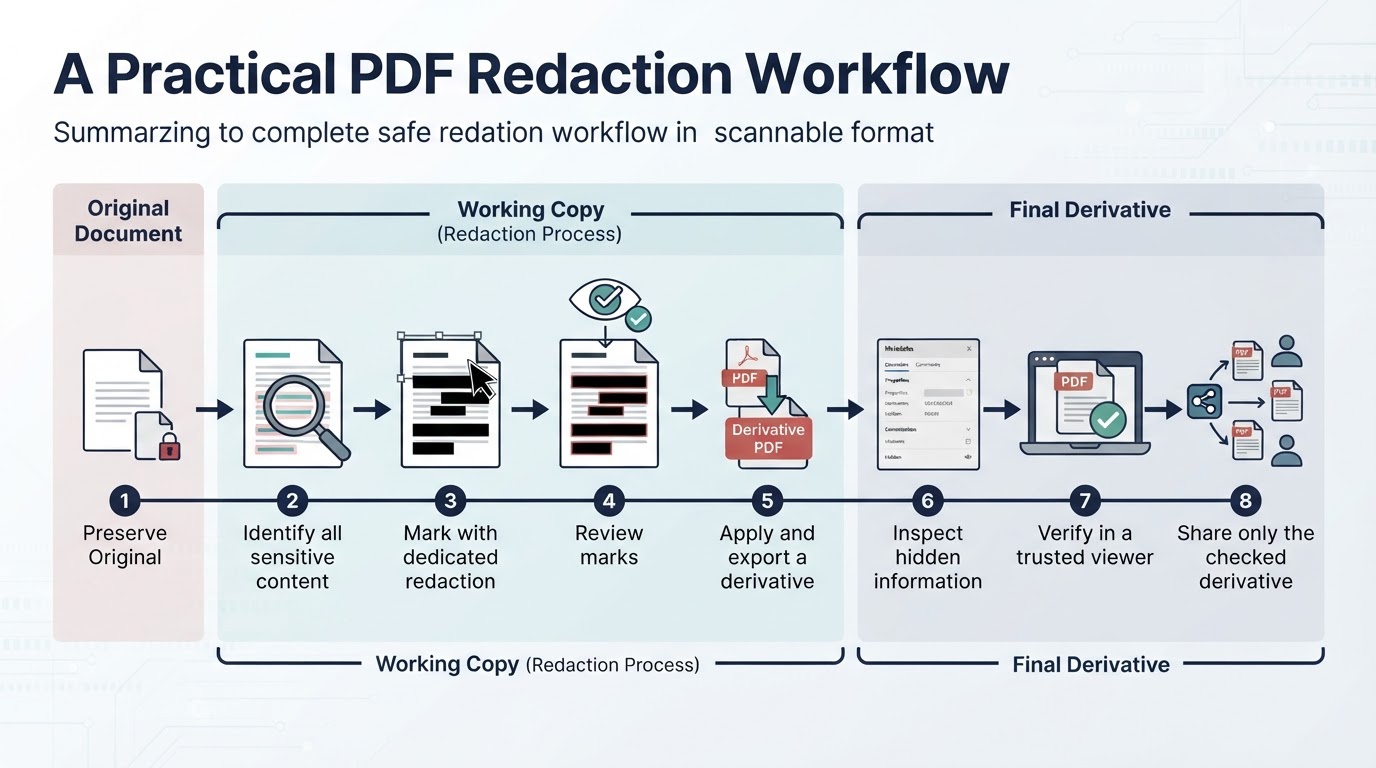 Eight-step workflow for preparing, redacting, inspecting, verifying, and sharing a PDF derivative