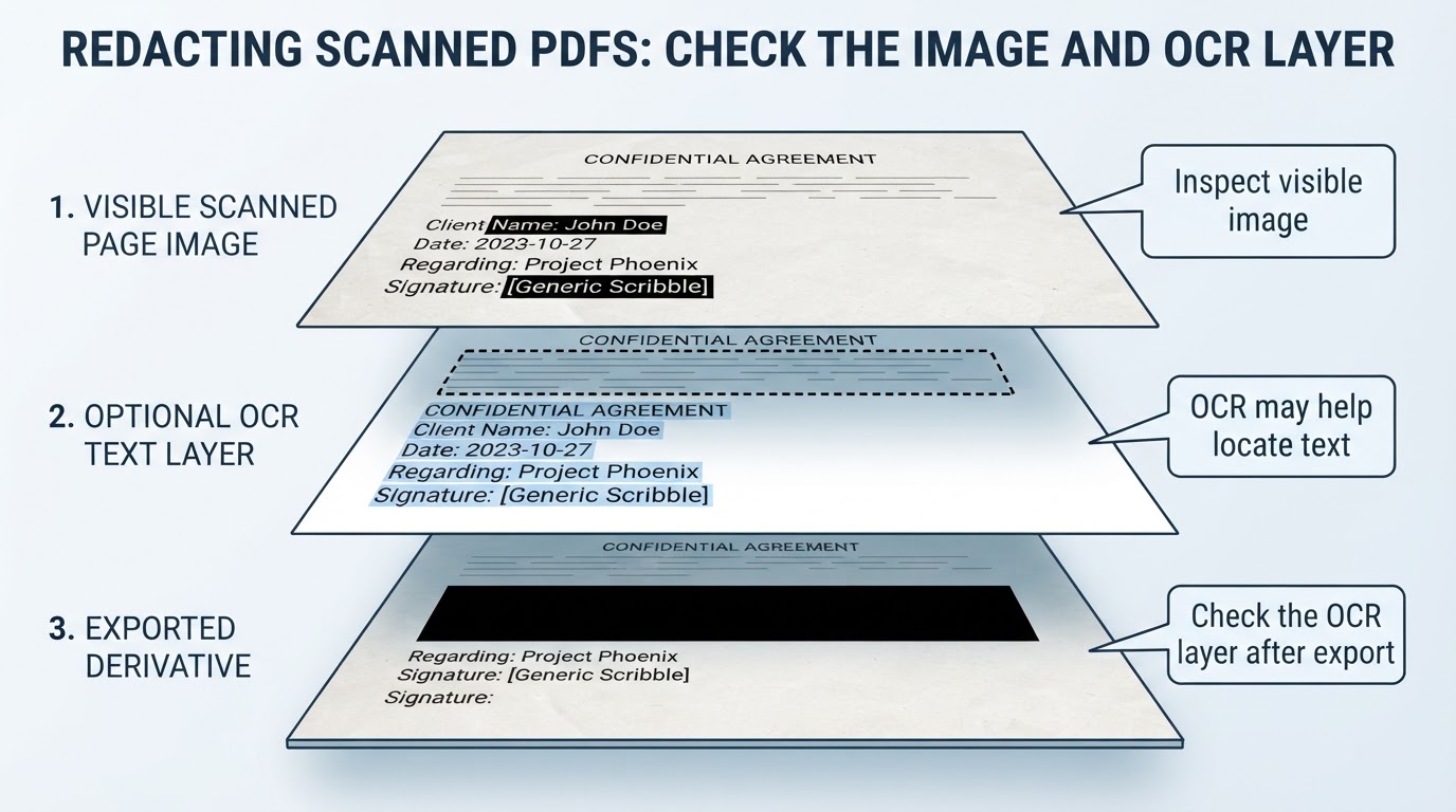 Diagram showing that scanned PDF redaction requires checking the visible page image and any OCR text layer