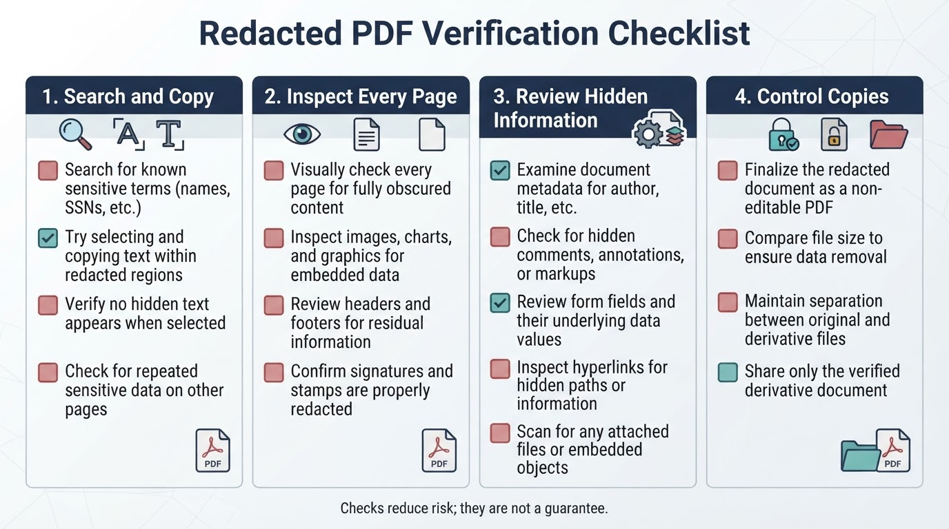 Checklist for verifying a redacted PDF by testing text, reviewing pages and hidden information, and controlling file copies