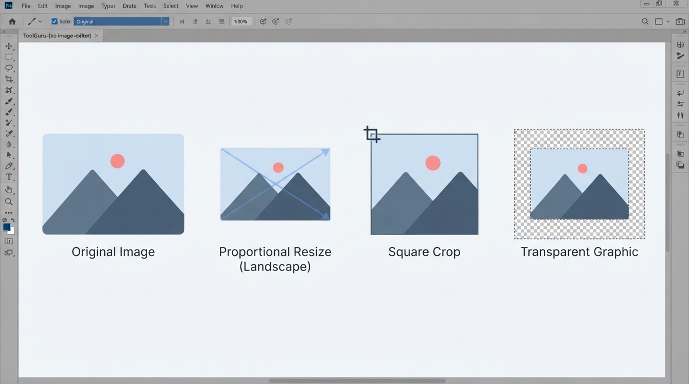 Examples of an image resized proportionally, cropped to a square, and exported with transparency